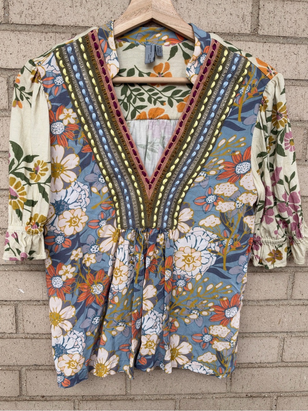 Anthropologie Bl^nk London Floral Ribbon Trim Boho Blouse Petite XS Mixed Media